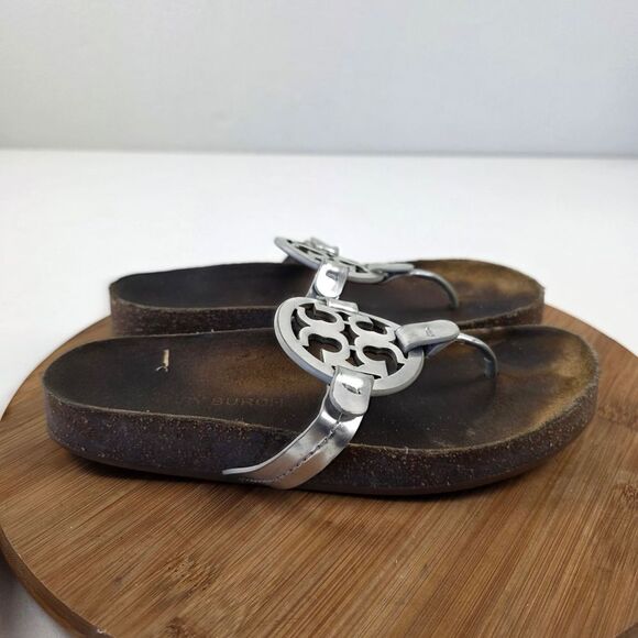 Tory Burch Miller Cloud Leather Metalic Silver Logo Sandals Sz 8 M - Picture 5 of 10
